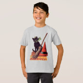 zwarte Halloween Cat Witch Pet Broom Kinderen T-shirt (Voorkant volledig)