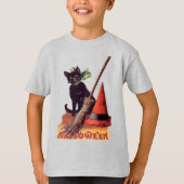 zwarte Halloween Cat Witch Pet Broom Kinderen T-shirt (Voorkant)