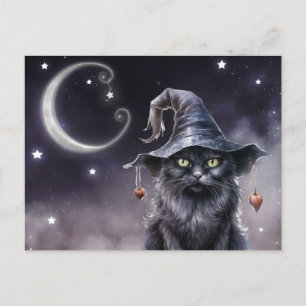 Zwarte Halloween kat met een heks Pet Briefkaart