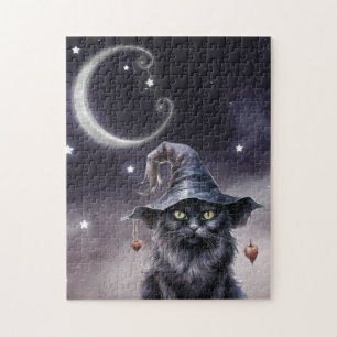 Zwarte Halloween kat met een heks Pet Legpuzzel