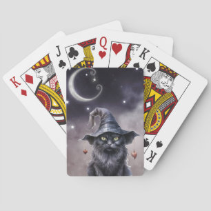 Zwarte Halloween kat met een heks Pet Pokerkaarten