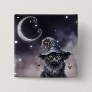 Zwarte Halloween kat met een heks Pet Vierkante Button 5,1 Cm
