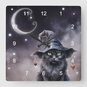 Zwarte Halloween kat met een heks Pet Vierkante Klok