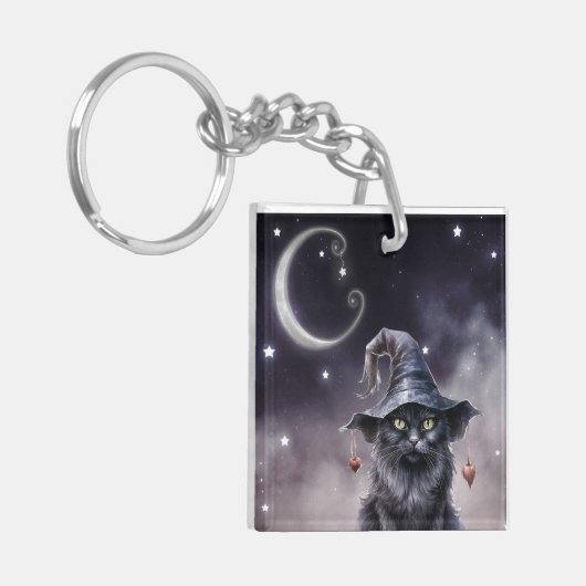 Zwarte Halloween kat met een heks Petten Sleutelha Sleutelhanger (Voorkant Links)