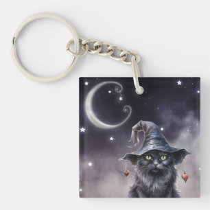 Zwarte Halloween kat met een heks Petten Sleutelha Sleutelhanger