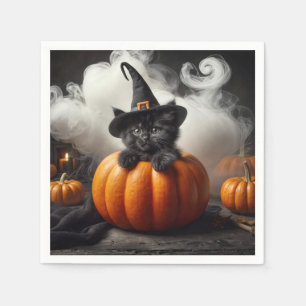 Zwarte Halloween Kitten In Pompoen Servet