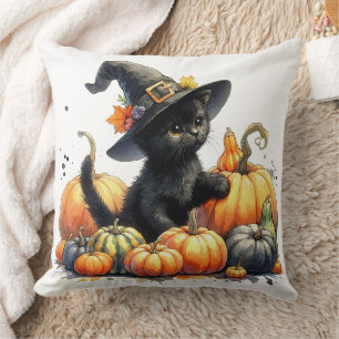 Zwarte Halloween Kitten Met Pompoenen & Heks Pet Kussen