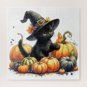 Zwarte Halloween Kitten Met Pompoenen & Heks Pet Legpuzzel