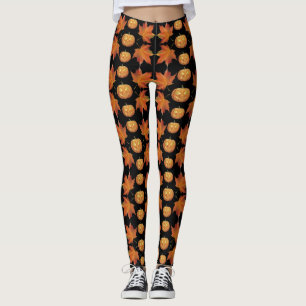 Zwarte Halloween Leggings met pompoen & bladeren