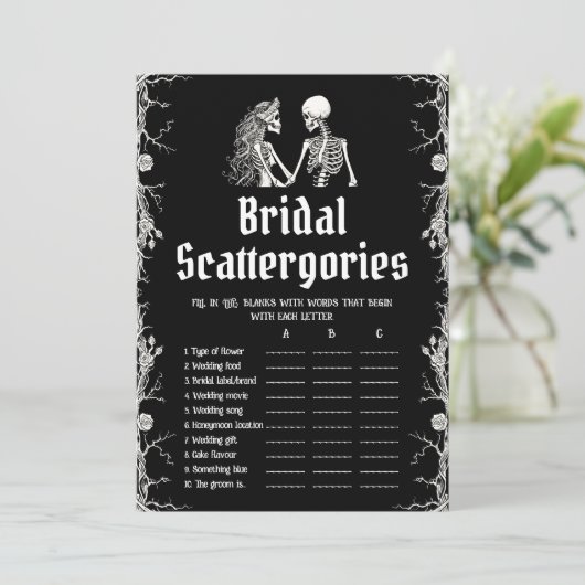 Zwarte Halloween Skeleton Bruids Scattergories Gam Kaart (Staand voorkant)