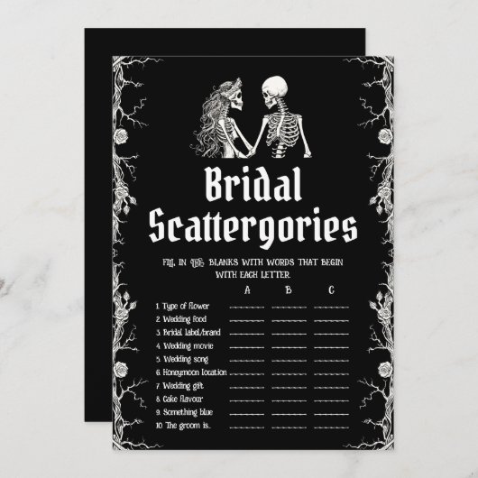 Zwarte Halloween Skeleton Bruids Scattergories Gam Kaart (Voorkant / Achterkant)