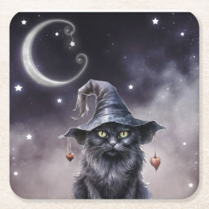 Zwarte Halloweenkat met een Heksenhoed Vierkante Kartonnen Onderzetter