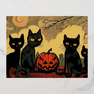 Zwarte Halloweenkatten met een pompoenkaart Folie Feestdagen Briefkaart