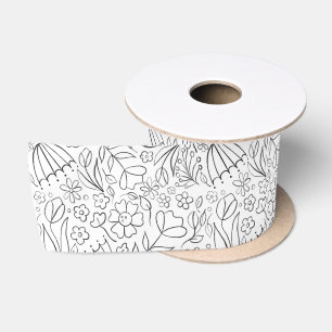Zwarte hand getekende doodle bloemen lint