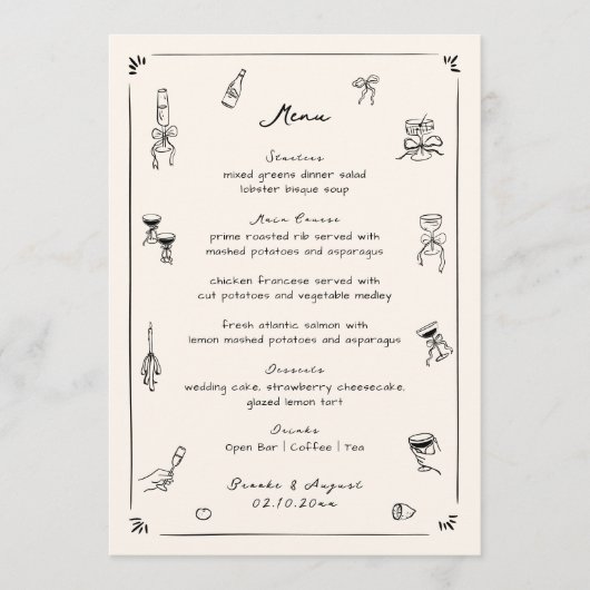 Zwarte Hand Getrokken Doodle bruiloft Menu (Voorkant)