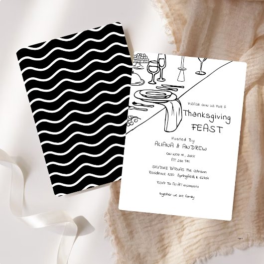 Zwarte Hand Getrokken Whimsy Thanksgiving Diner Kaart