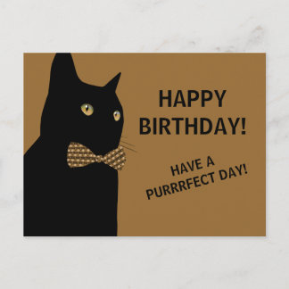 Zwarte Happy Birthday Cat met een Brown Bow Stropd Briefkaart
