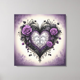 Zwarte Hart & Paarse Rozen in Gotische stijl Canvas Afdruk