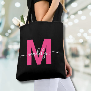 Zwarte Heet Roze Moderne Script Naam Monogram Draagtas