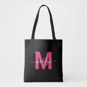 Zwarte Heet Roze Moderne Script Naam Monogram Draagtas (Voorkant)