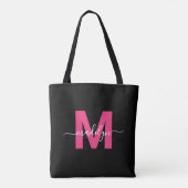 Zwarte Heet Roze Moderne Script Naam Monogram Draagtas (Achterkant)