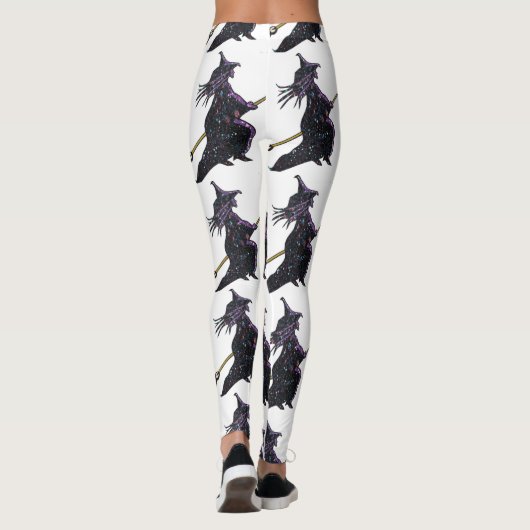 Zwarte heks op bezemsteel witte Halloween Leggings (Achterkant)