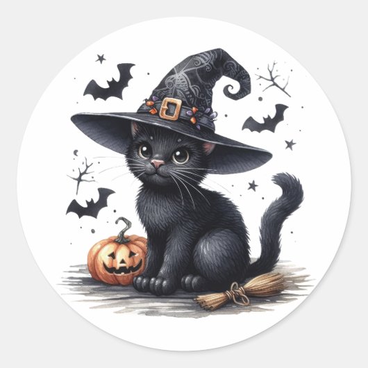 Zwarte heksen kat halloween Stickers (Voorkant)