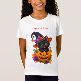 Zwarte Heksenkat in Halloween Pompoen Maatwerk T-shirt