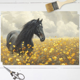 Zwarte hengst met gele wilde bloemen Decoupage Tissuepapier