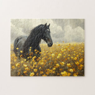 Zwarte hengst met gele wilde bloemen legpuzzel