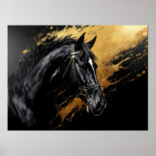 Zwarte hengst op zwart en goud met wit poster