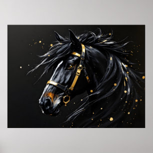 Zwarte hengst op zwart met hints van goud en wit poster