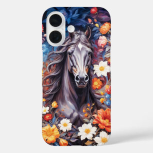 Zwarte hengst paard op bloemen achtergrond hoes