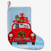 zwarte herderhond in auto met kerstman kleine kerstsok (Voorkant)