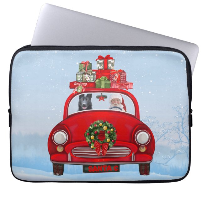 zwarte herderhond in auto met kerstman laptop sleeve (Voorkant)