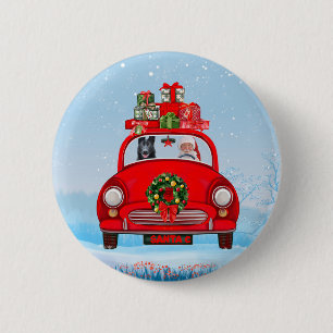 zwarte herderhond in auto met kerstman ronde button 5,7 cm