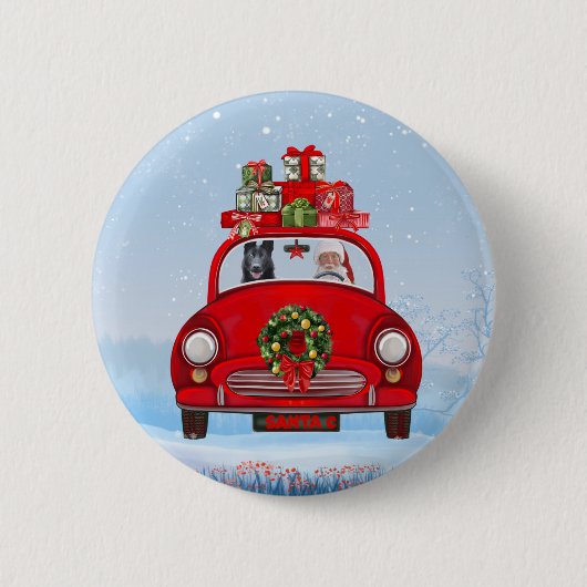 zwarte herderhond in auto met kerstman ronde button 5,7 cm (Voorkant)
