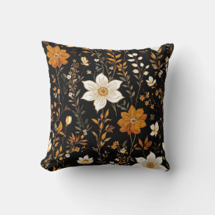 Zwarte Herfst Boho Gouden Bloemenpatroon Kussen