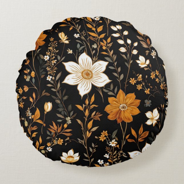 Zwarte Herfst Boho  Gouden Bloemenpatroon Rond Kussen (Voorkant)
