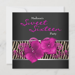 Zwarte hete roze zebra Sweet 16 verjaardagsfeestje Kaart