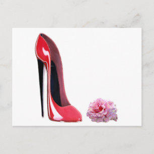 Zwarte hiel rode stiletto schoen en roos briefkaart