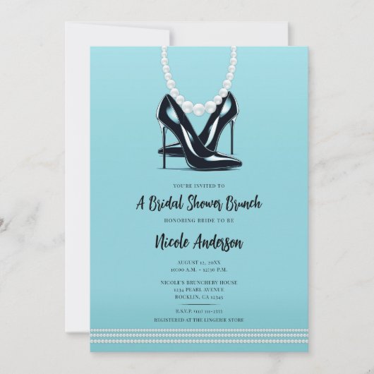 Zwarte hoge hakken & parels turquoise bruids brunc kaart (Voorkant)