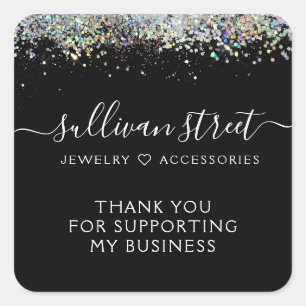 Zwarte holografische Glitter Small Business Hartel Vierkante Sticker