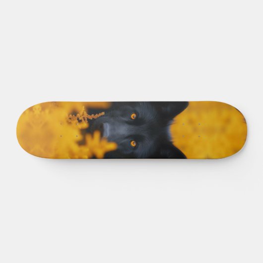 Zwarte hond met prachtige gouden ogen skateboard (Horizontaal)