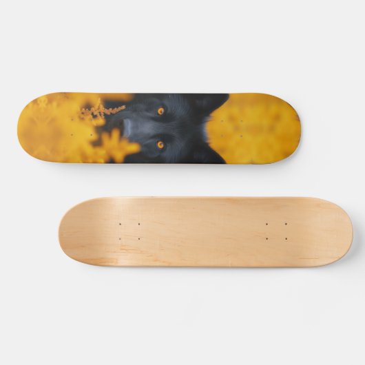 Zwarte hond met prachtige gouden ogen skateboard (Horizontaal)