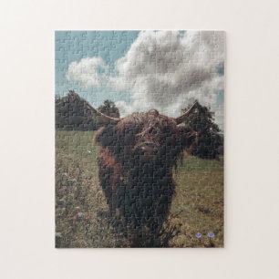 Zwarte hoogland Schotse koe grazend  retro Legpuzzel