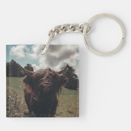 Zwarte hoogland Schotse koe grazend  retro Sleutelhanger (Achterkant)