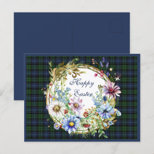 Zwarte horloge oude Schotse tartan paasbloem Feestdagenkaart