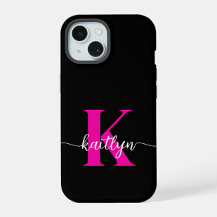 Zwarte Hot Pink Monogram iPhone 15 Hoesje