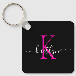 Zwarte Hot Pink Naam Initiaal Monogram Sleutelhanger
